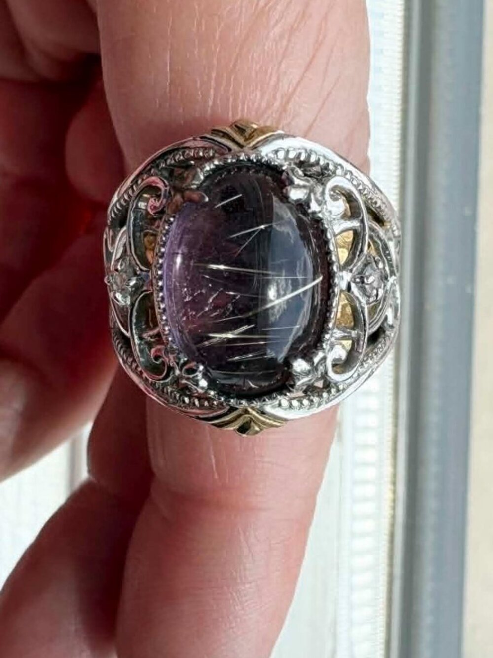 Vintage-Style 925 Sterling Silver & Gold-Tone Wash Rutilated Amethyst Ring